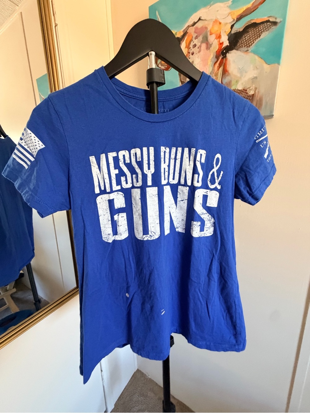 Grunt Style Blue Short-Sleeve Tee with White "Messy Buns & Guns" Graphic